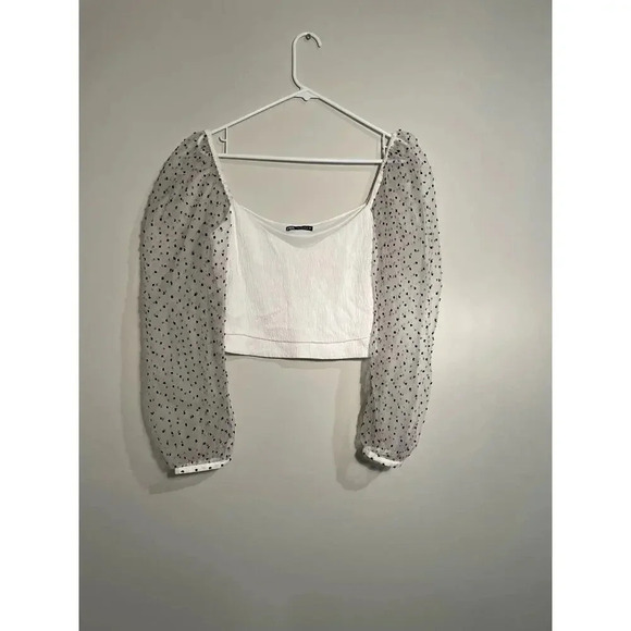 Zara White Cropped Mesh Puff Sleeve Swiss Dot Top - Picture 1 of 10